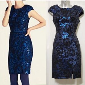 Eva Franco Anthropologie sz 4 Elegant Black Blue Floral Dress short sleeve